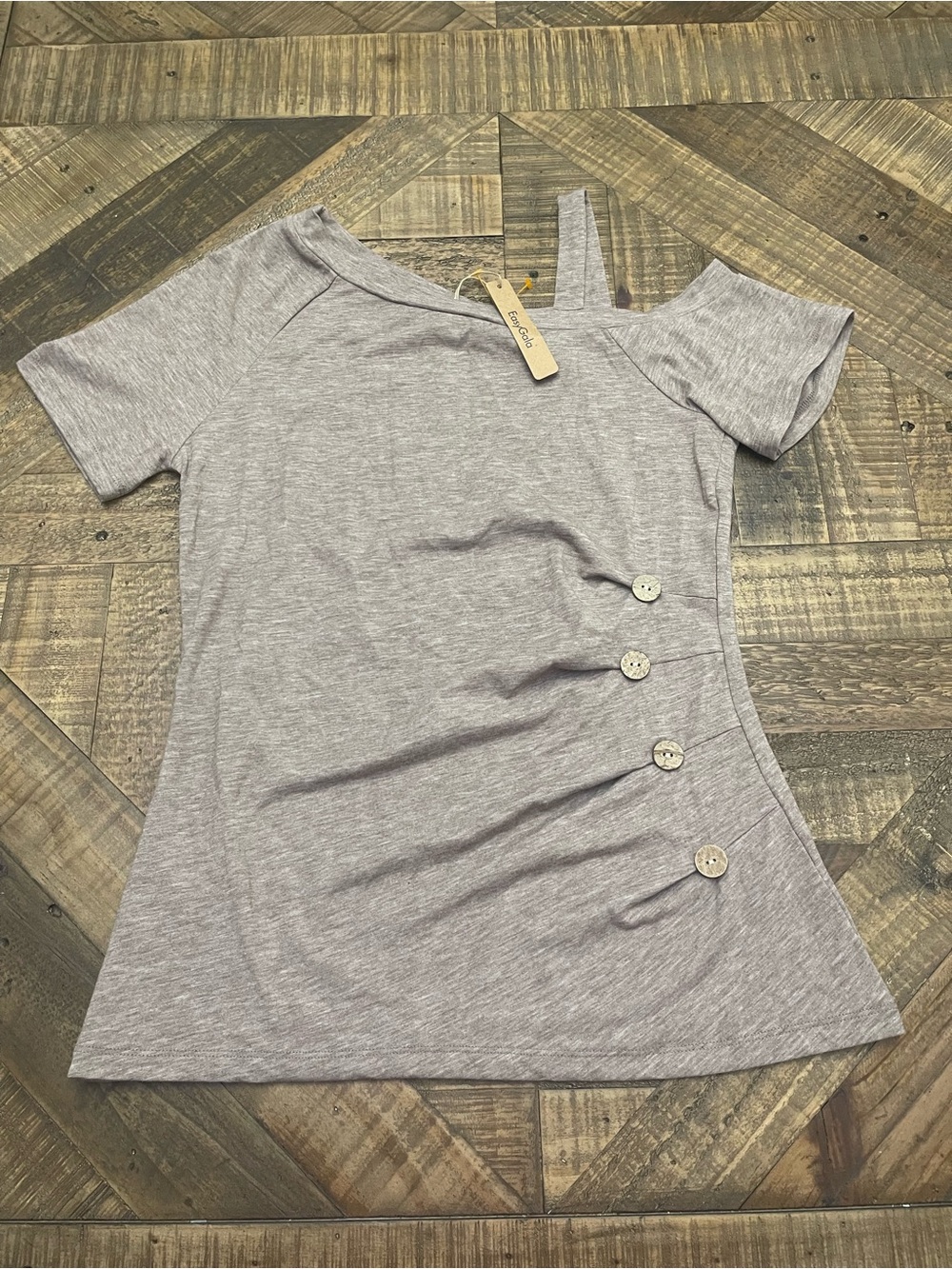 NWT EasyGala Asymmetrical Cold Shoulder Ruched Side Button Top